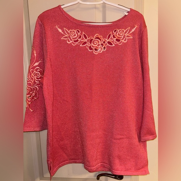 Bob Mackie Tops - Bob Mackie Pink XL Light Weight Sweater w/Floral Embroidery Cut Outs 3/4 Sleeve